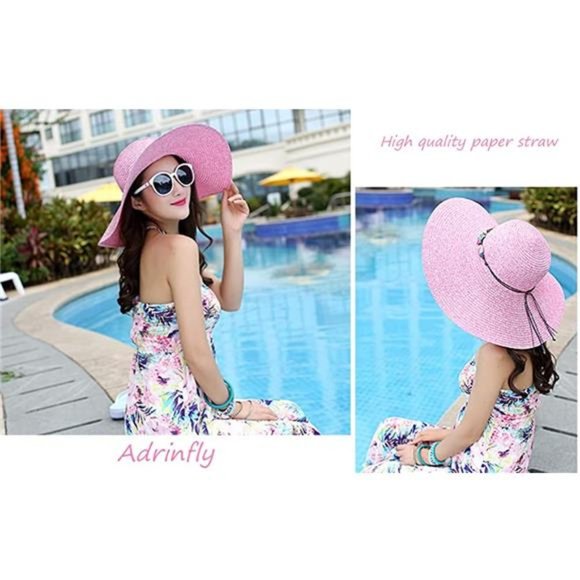 Adrinfly Women Foldable Floppy Wide Brim Straw Sun Hat Travel Packable